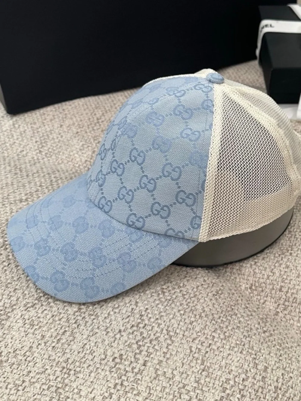 Double G Designer Light Blue Signature Logo Mesh Back Truckers Hat